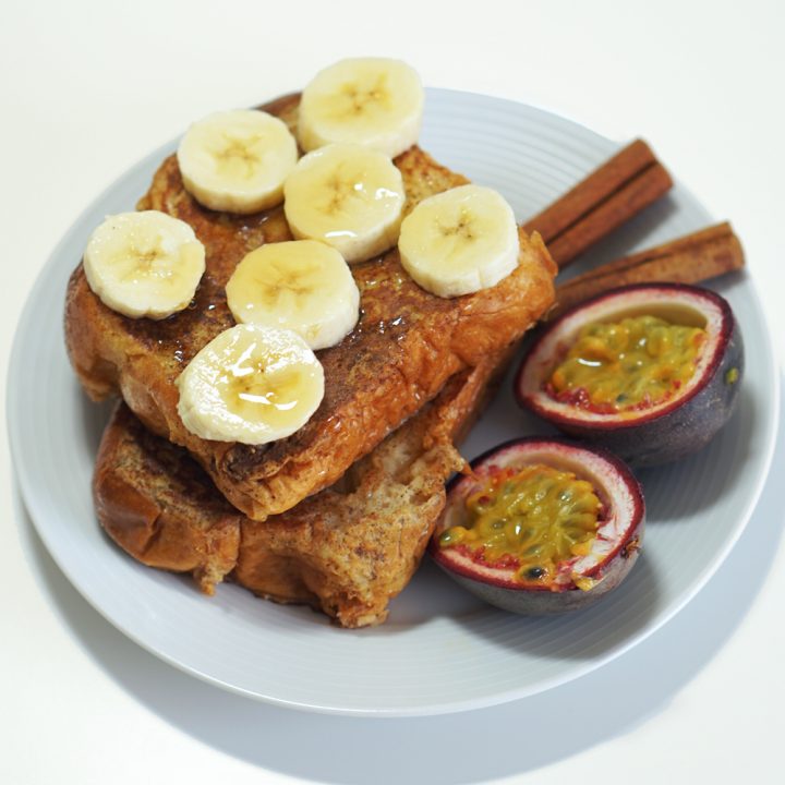 Brioche French Toast with Passion Fruit, Banana, and Maple Syrup - by Ordinary & Happy