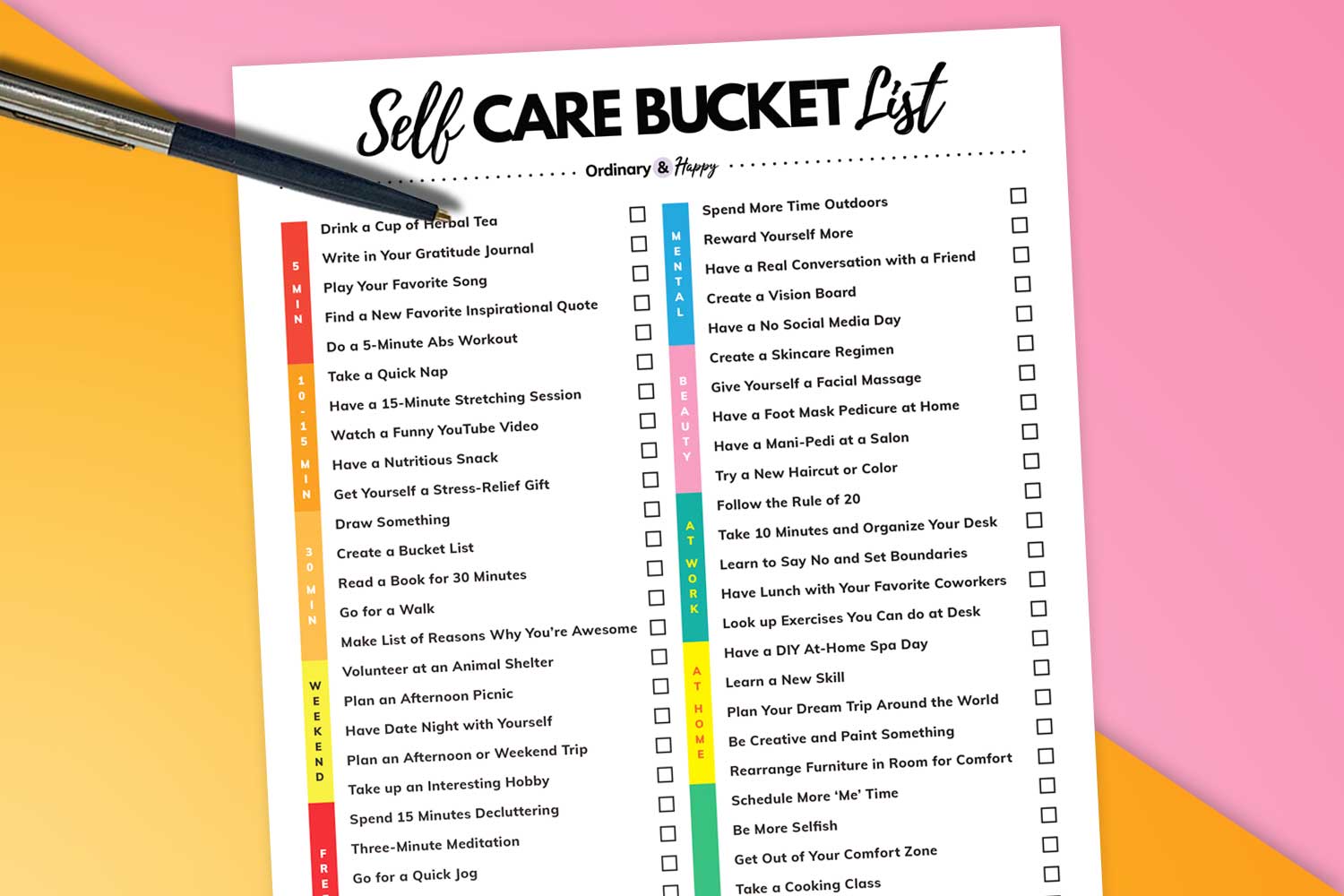 self care bucket list printable with pen