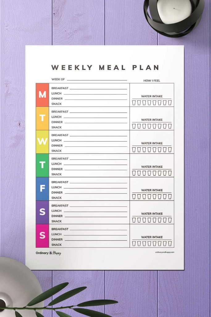 Rainbow-Colored Weekly Meal Planner with Water and Mood Tracker