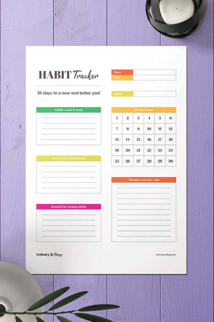 30-Day Habit, Mood, & Accomplishment Tracker Printable Image