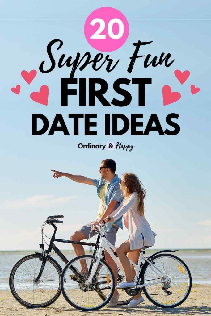 20 Super Fun First Date Ideas (pin featuring a couple cycling on the beach).