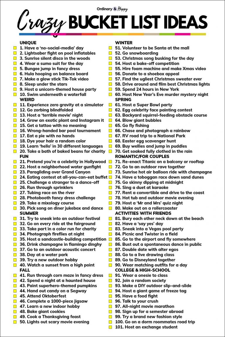 100+ Crazy Bucket List Ideas - Ordinary and Happy