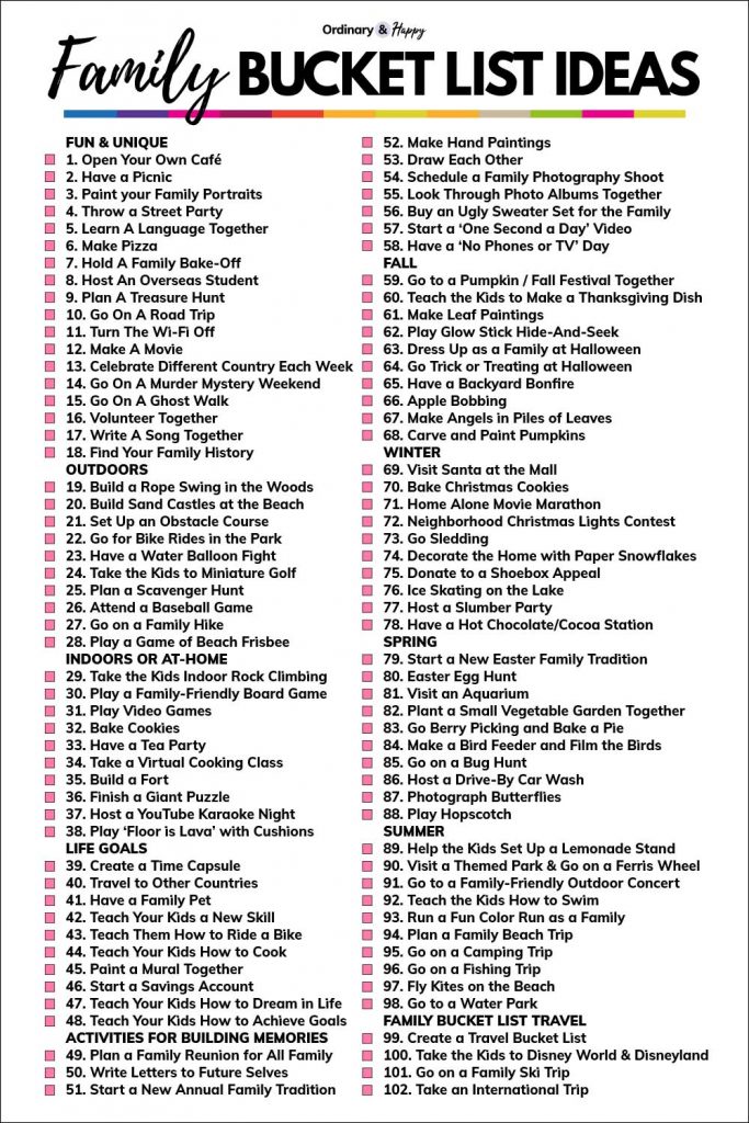 Family Bucket List Ideas (102 family activities - all listed below).