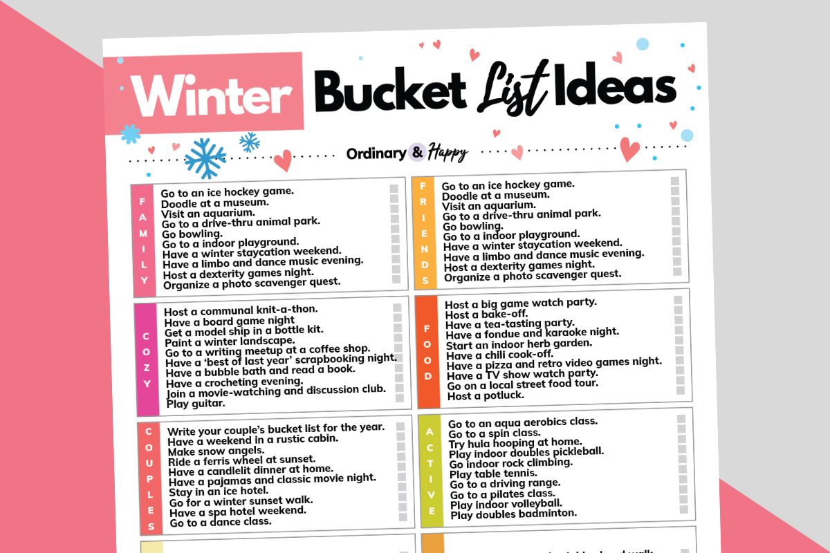 winter bucket list printable displayed on an angle against a red and grey background