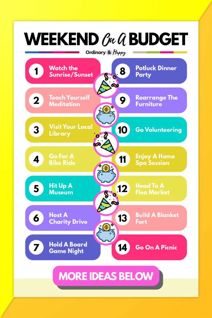 fun things to do on the weekend on a budget (colorful list of ideas 1-14 listed below)