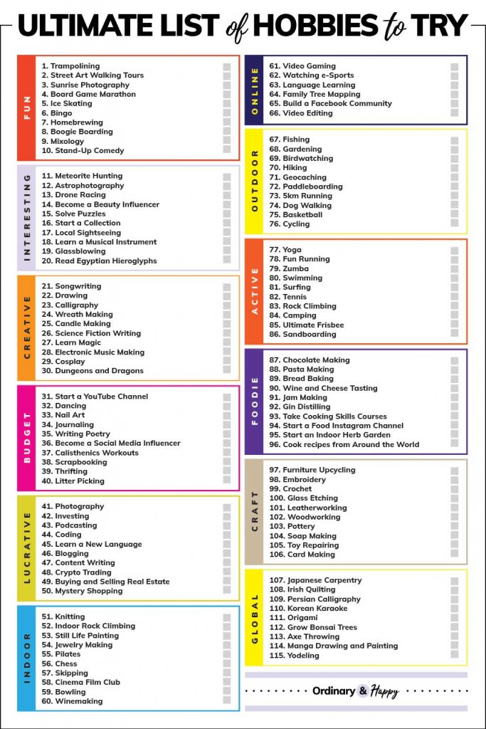 100+ Hobbies to Try (The Ultimate Bucket List of Hobbies) listing the 100+ hobbies from the list below. 