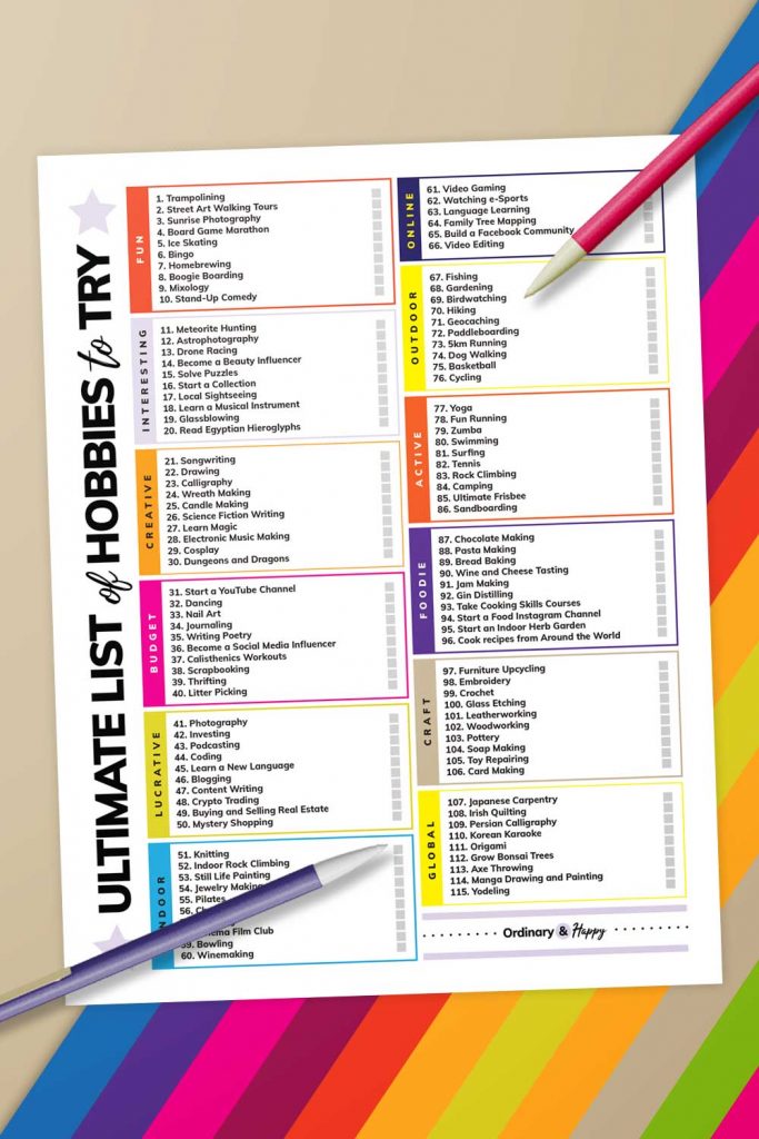 100+ Hobbies to Try (The Ultimate Bucket List of Hobbies) Printable (Mockup of the PDF file).