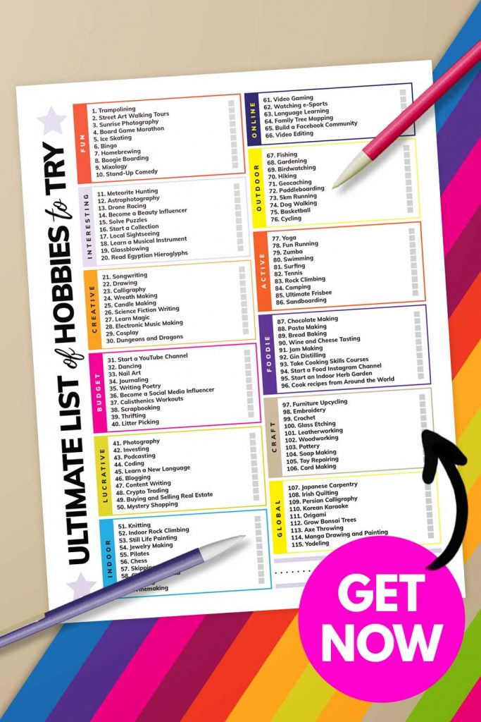 100+ Hobbies to Try (The Ultimate Bucket List of Hobbies) Printable (Mockup of the PDF file).