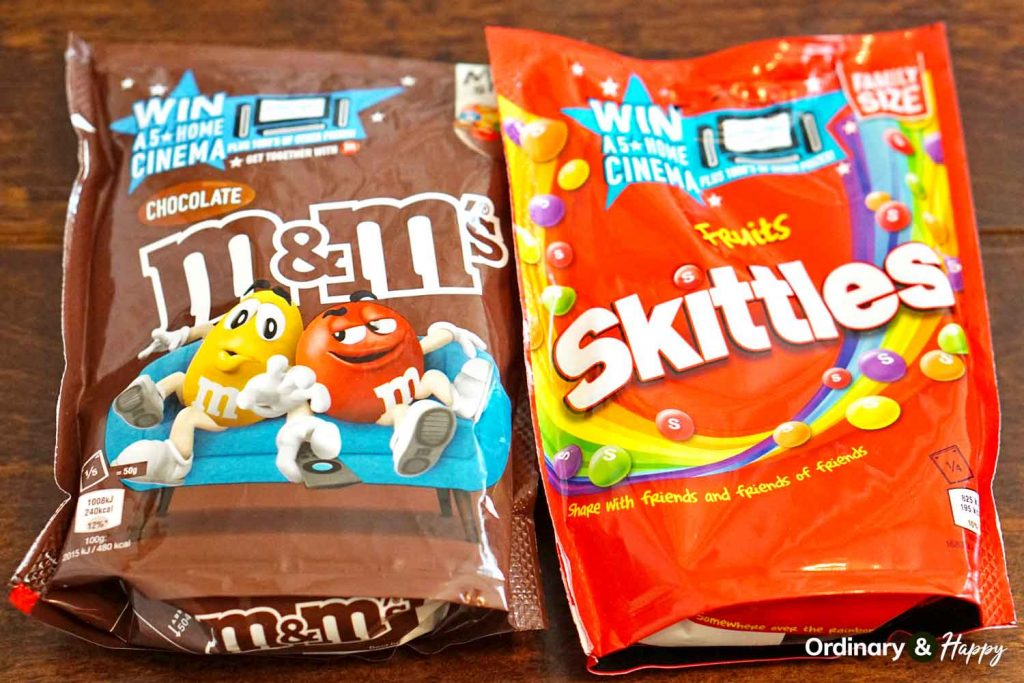 M&M and Skittles candy.
