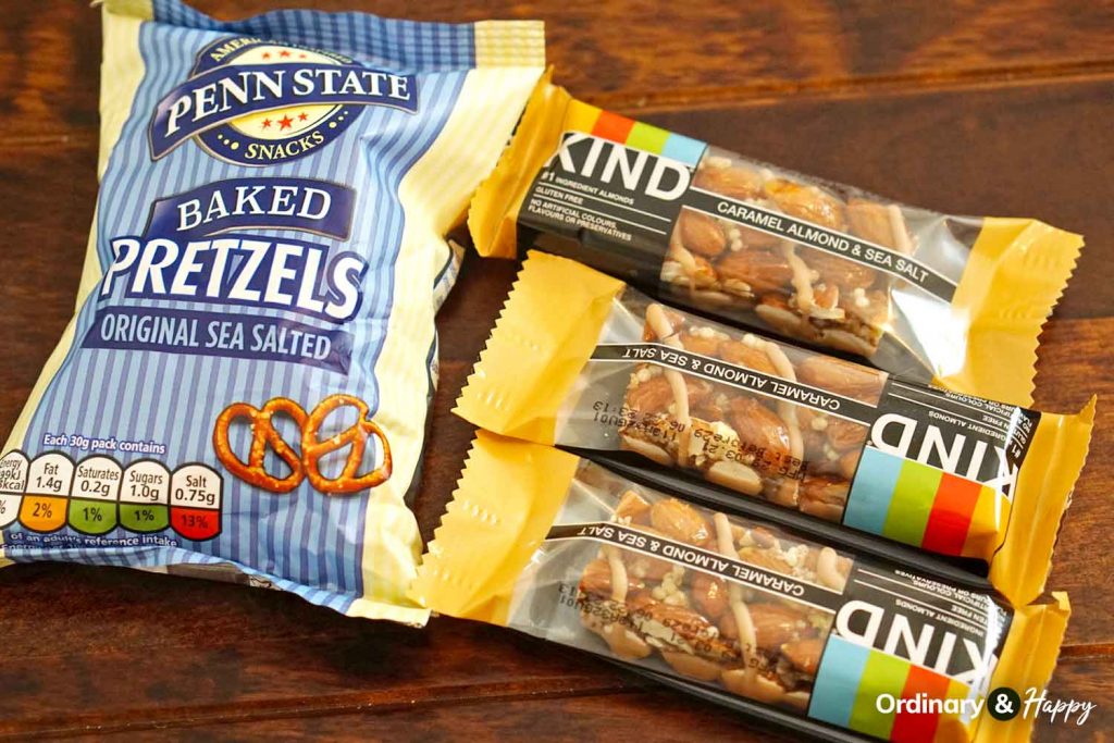 Penn state pretzels and Kind nut bars.