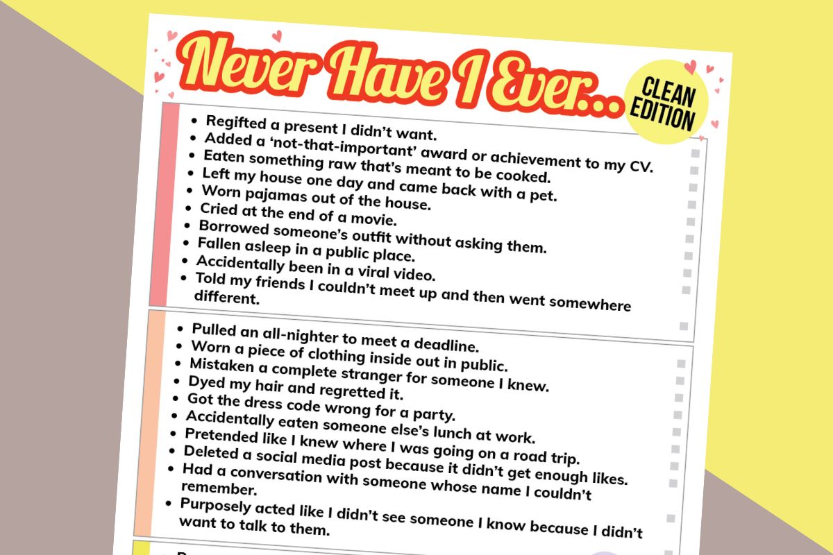 'never have i ever' printable game laid out titled to the right on a pink and yellow block color background