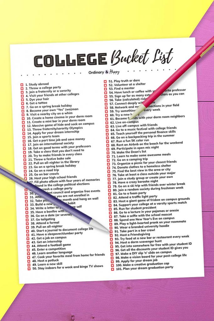 100+ Best College Bucket List Ideas (all listed in the article).