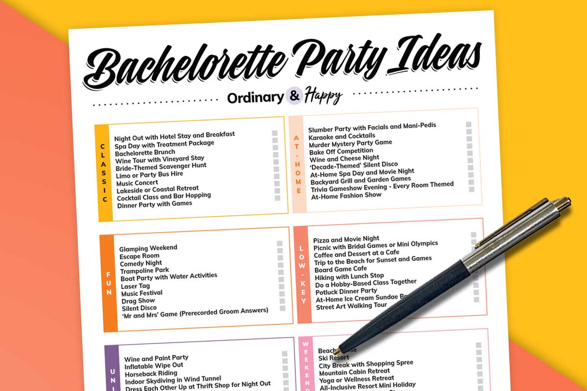 view of half of a list of 75 bachelorette party ideas on a printable with a pen next to it