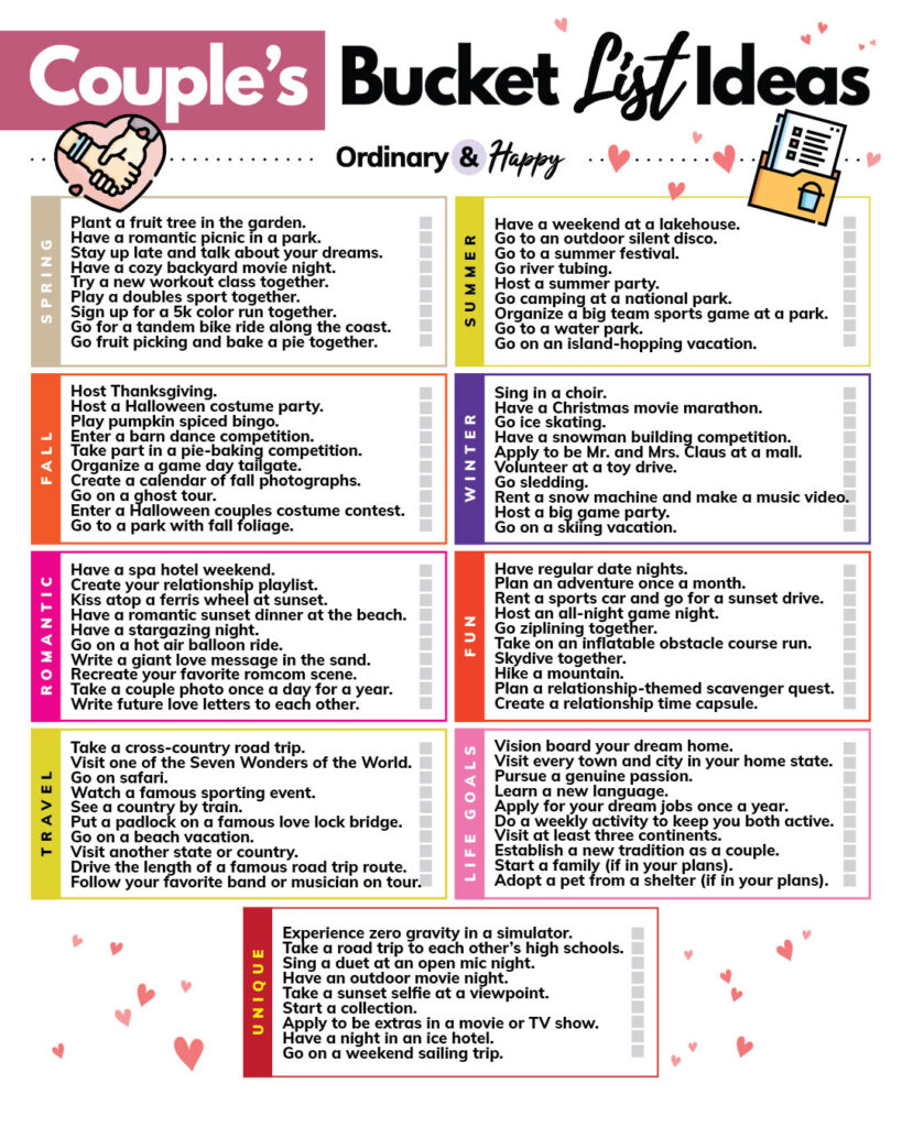 couples bucket list ideas listicle consisting of 90 ideas displayed in 9 color-coded sections of 10 ideas in a 2x5 column format