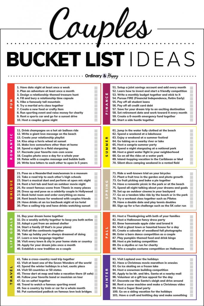100+ Couples Bucket List Ideas - Things to do as a Couple (list image).