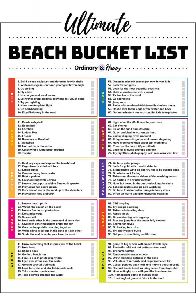 Ultimate Beach Bucket List Image of the PDF document with the items listed below.