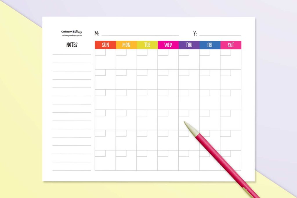 Blank calendar with notes 6x7 template (mockup image)