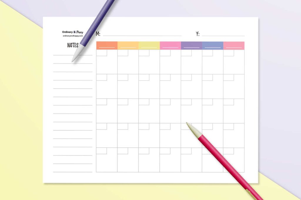 Blank calendar with notes 5x7 template (mockup image)