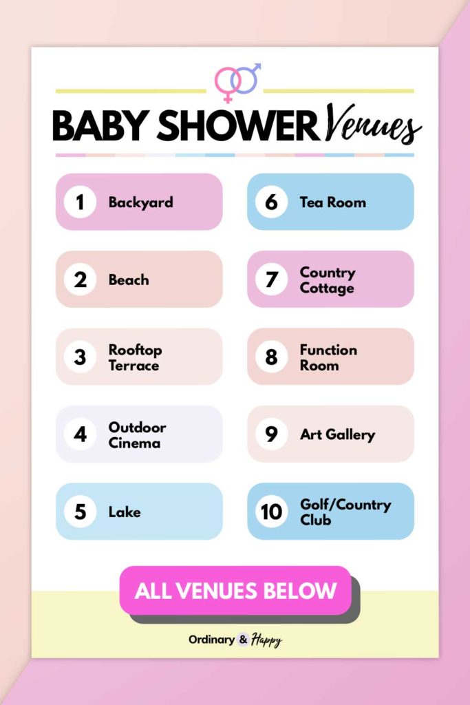 Baby Shower Venues (14 of the ideas listed in the article).
