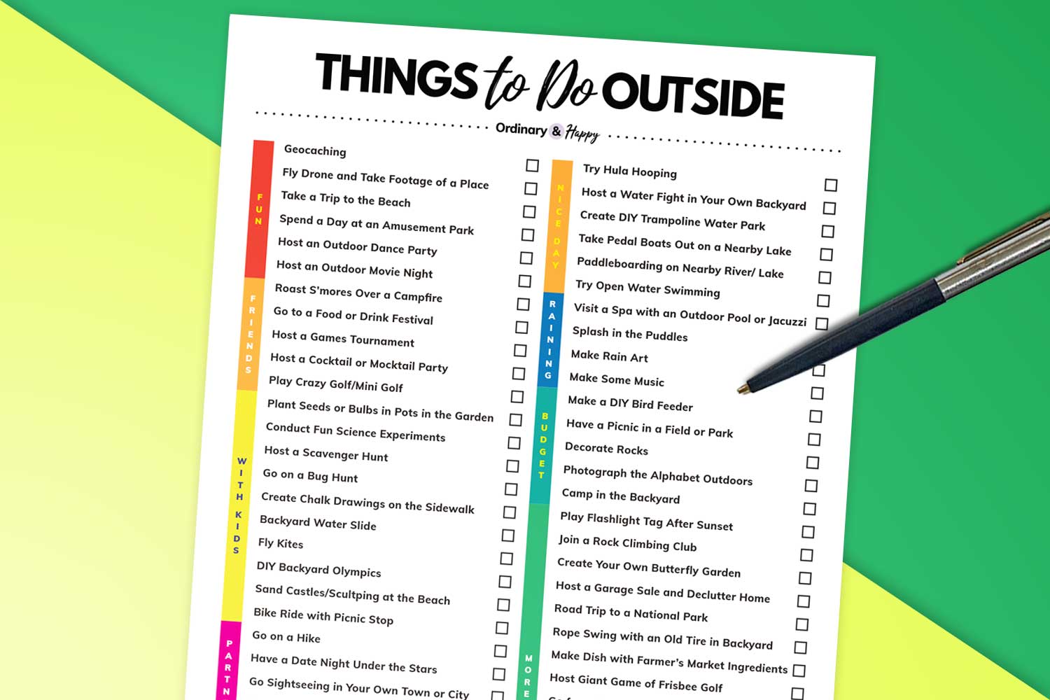 preview of printable list of 60 things you can do outside with a pen