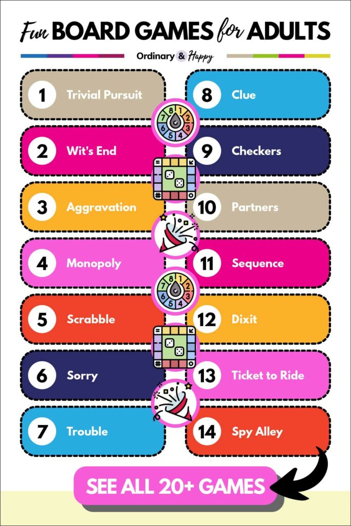 Fun board games for adults pin (list of game ideas 1-14 from the article).