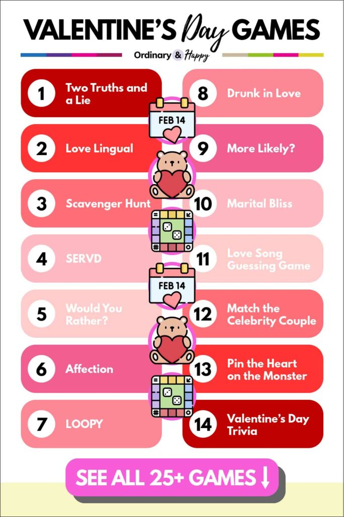 Valentine’s Day Games to Play with the Ones You Love (list of games 1-14 from the article). 