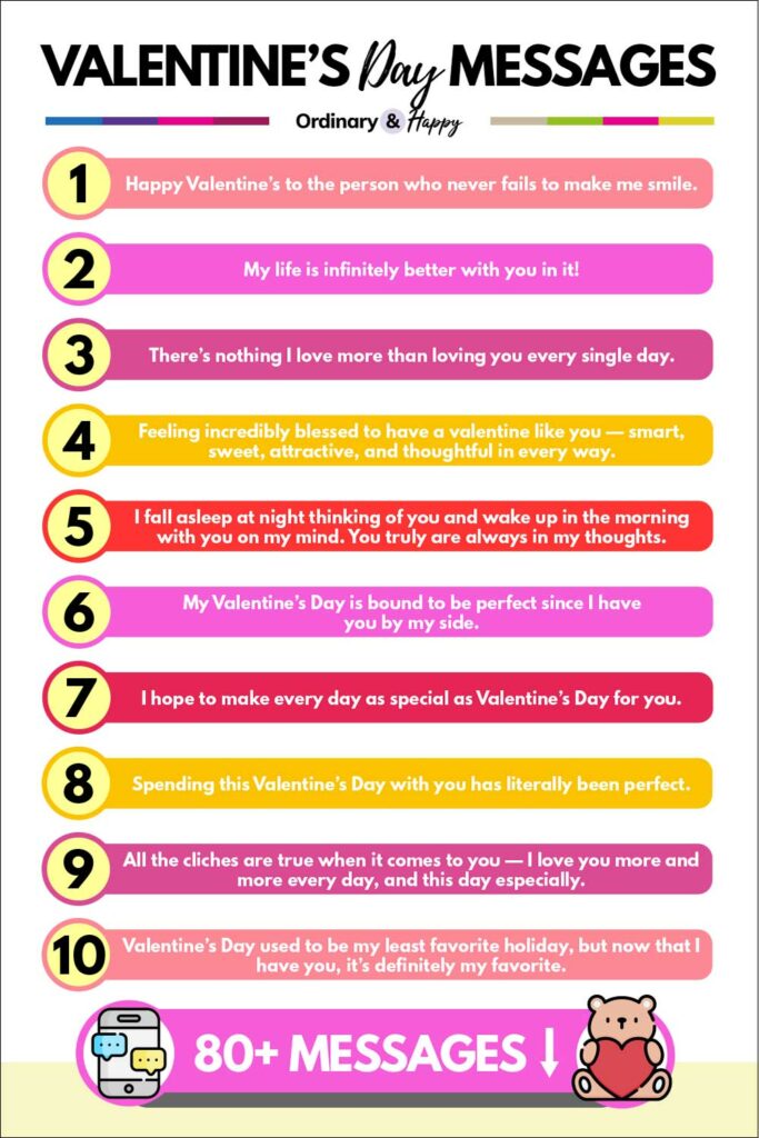 Valentine's Day Messages to Put a Smile on a Loved One's Face (list of messages 1-10 from the article).