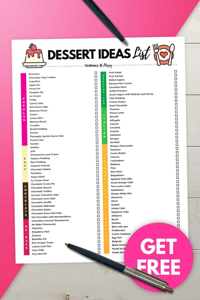 Dessert ideas (list of ideas with printable from the article)