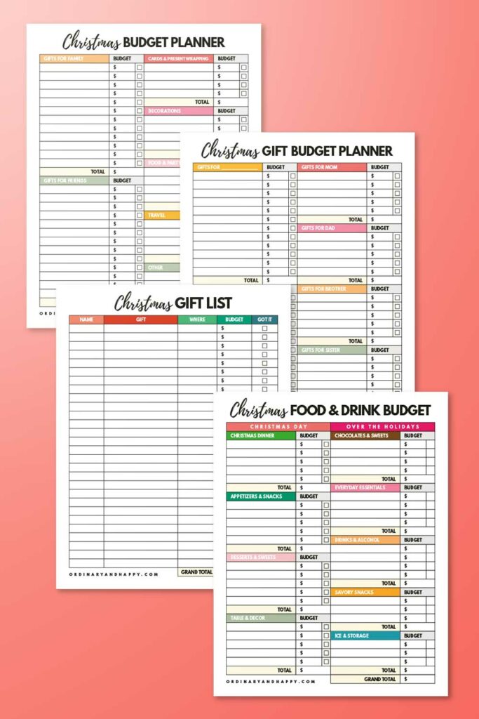 Christmas gift budget planner set of four