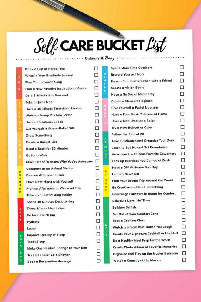 self care bucket list printable with pen that you can download