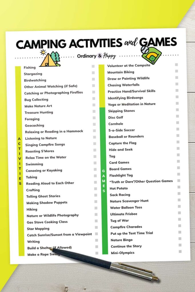 printable list of 60 camping games and activities