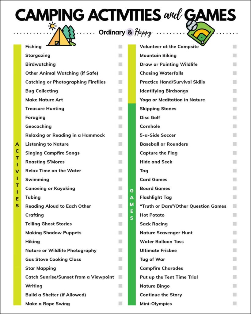 list of 60 camping activities and games