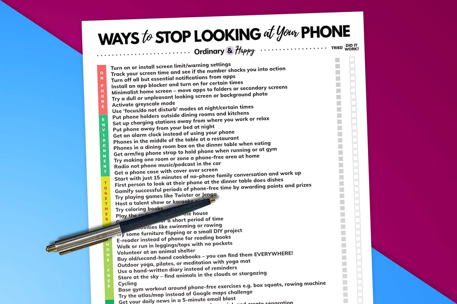 preview of list of ways to stop looking at your phone with pen