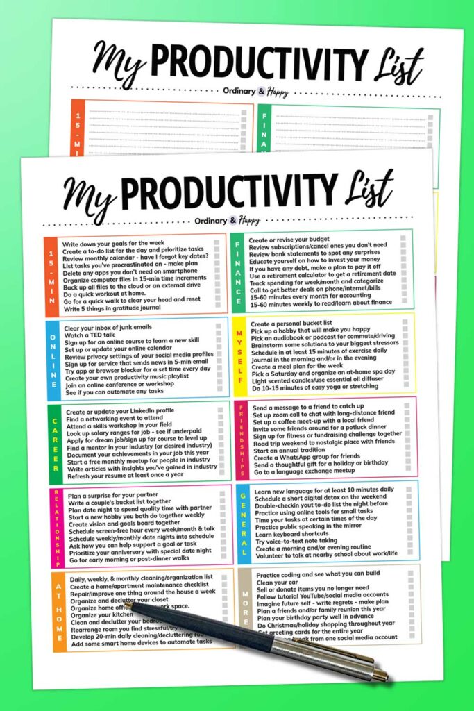 productivity list printables - one filled with 100 ideas and the other blank