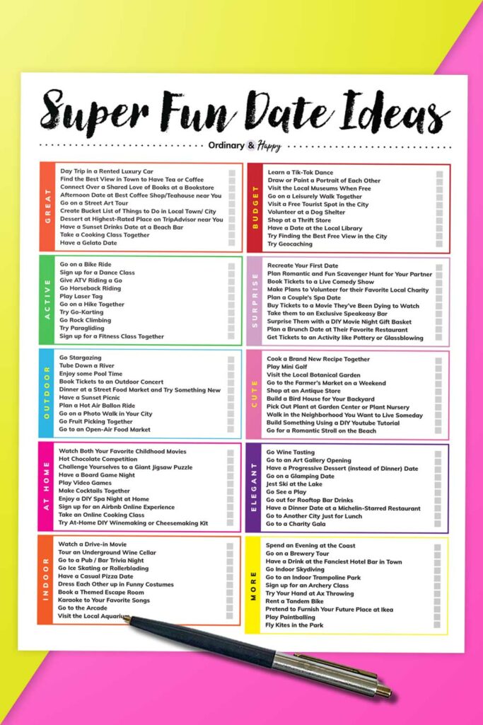 a list of over 100 super fun date ideas on a printable you can check off with a pen