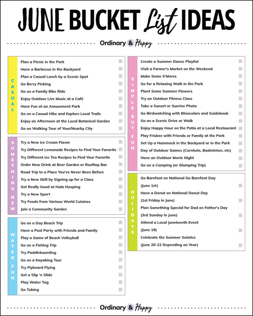 checklist of 50 ideas of things to do in june on white background split into five categories