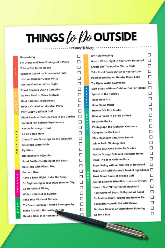 a printable list of 60 things to do outside with a pen next to it on a colored background