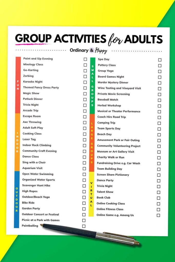 printable list of 58 group activities for adults with a pen on a yellow and green background