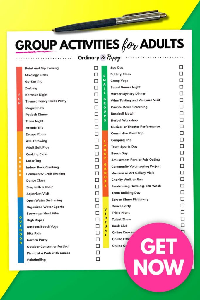 printable list of 58 group activities for adults ideas on a white sheet with a pen on yellow and green background