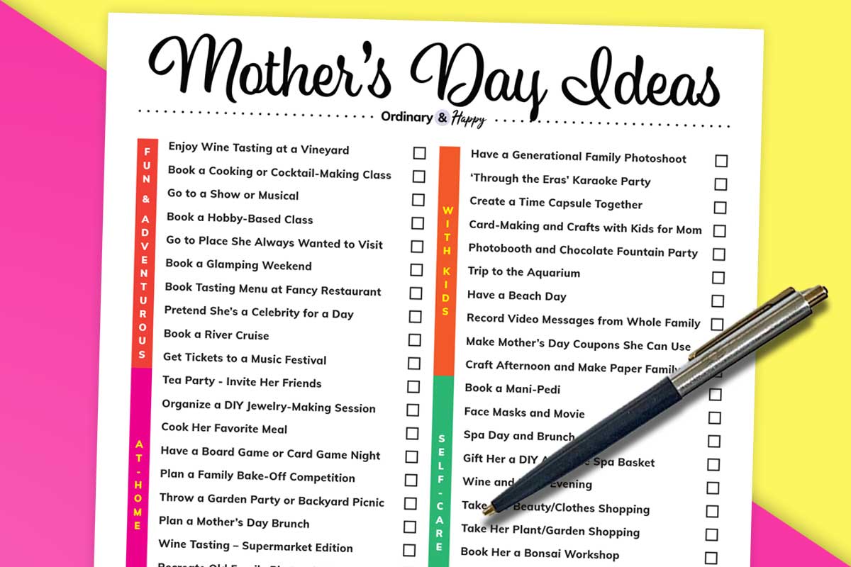 printable list of 60 ideas for mothers day on a colored background with a pen