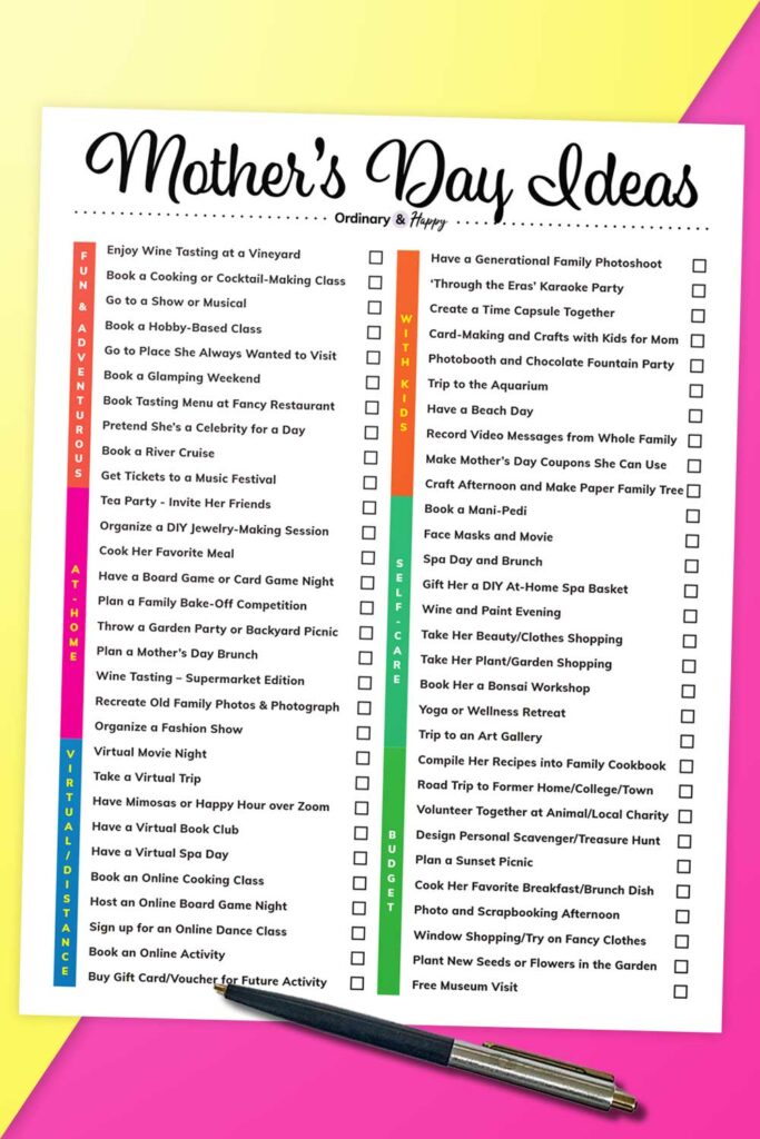 list of 60 ideas for mothers day on a sheet of paper with a pen next to it