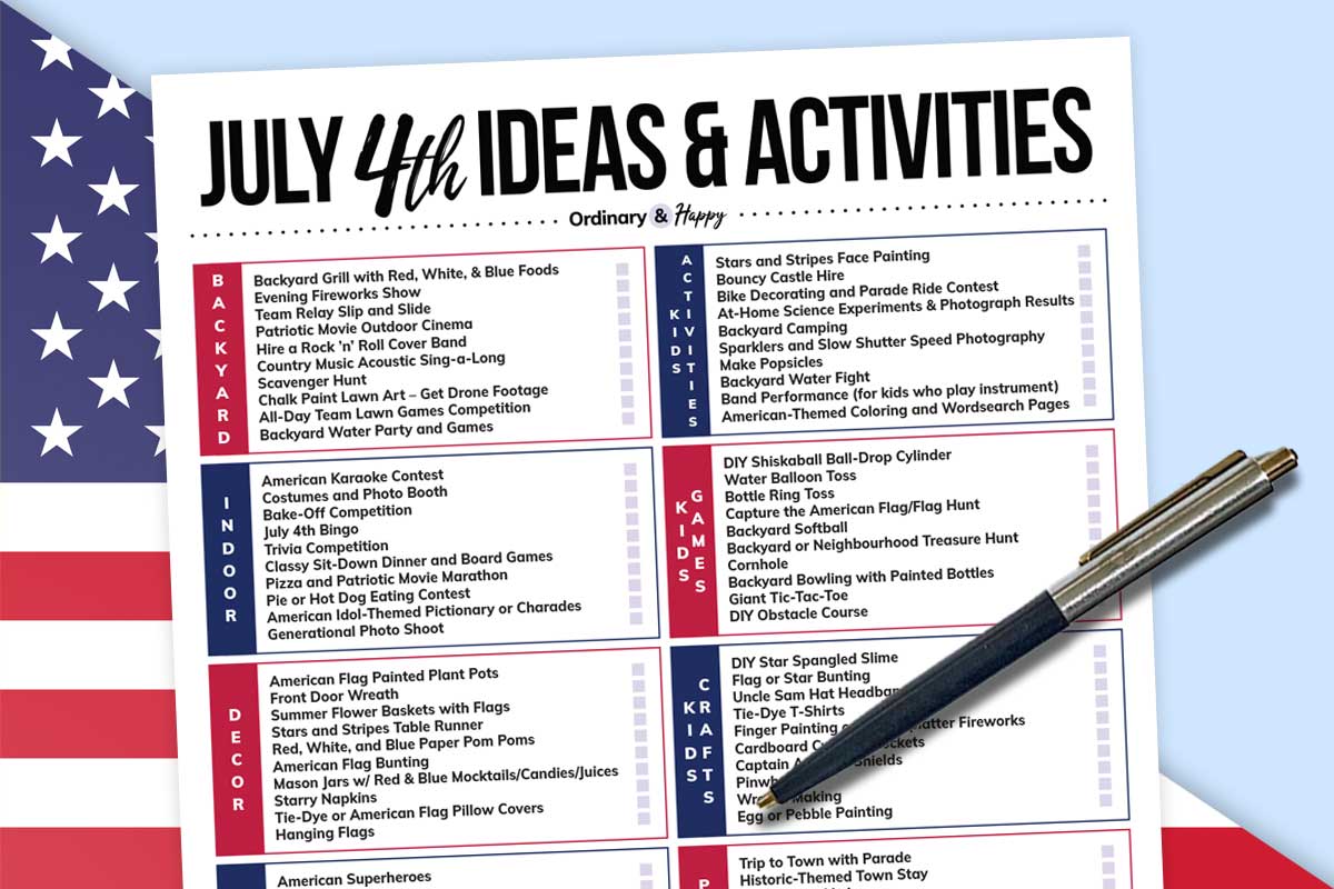 a partially visible printable list of 100 july 4th ideas and activities with a pen on an american flag background