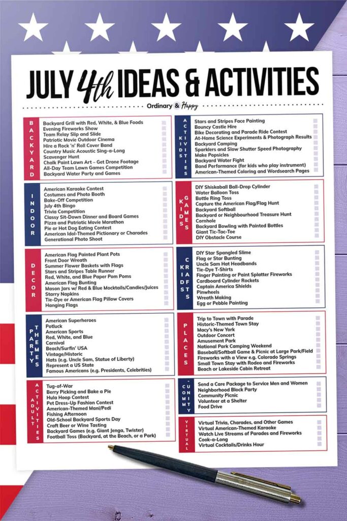 printable list of 100 july 4th ideas and activities with a pen on an american flag background