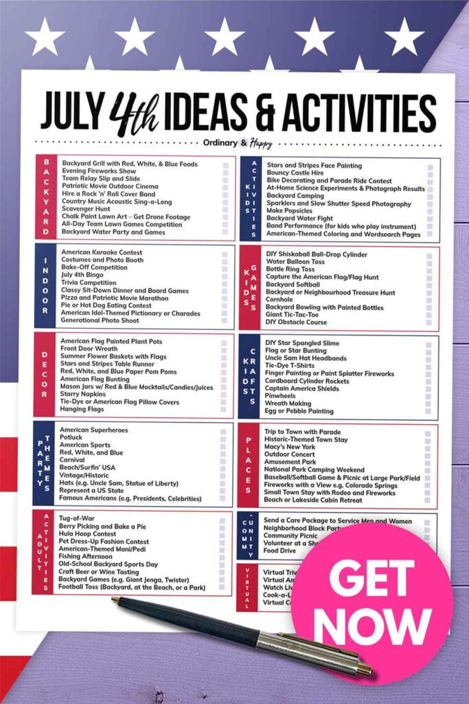 a printable list of 100 july 4th ideas and activities with a pen on an american flag background