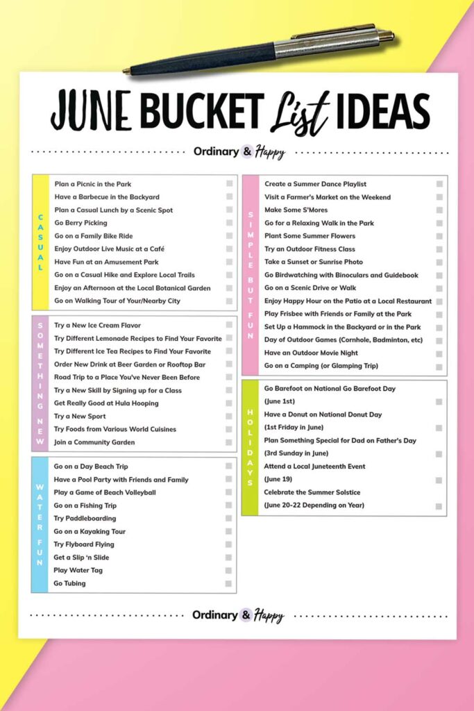 printable of 50 things to do in june split into categories with a pen on a colored background