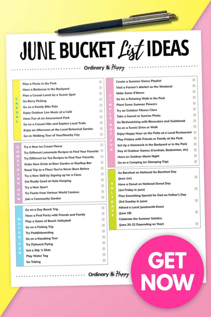 printable list of 50 ideas of things to do in june next to a pen on a colored background