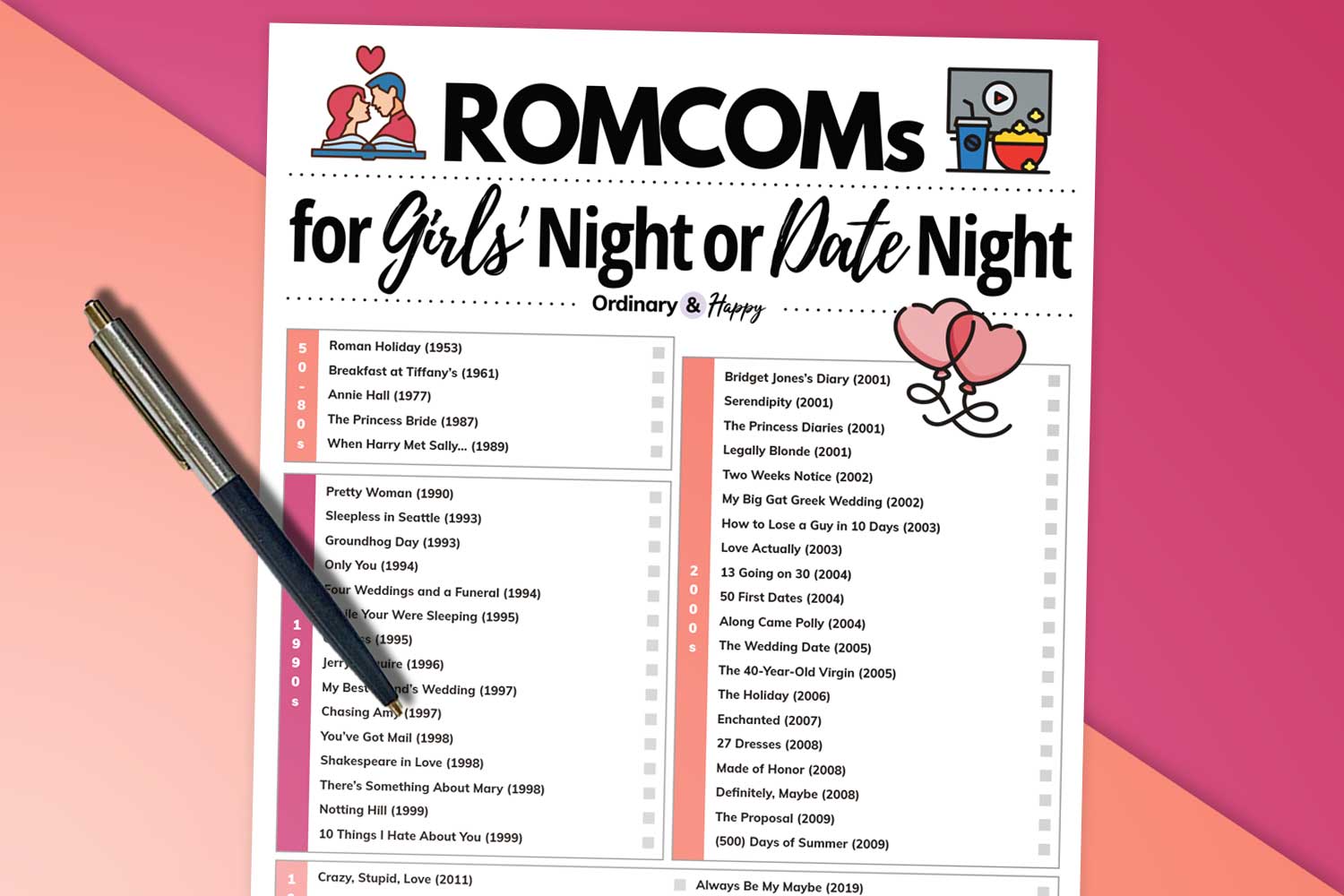 partially visible printable list of 50 romcoms with a pen on a colored background