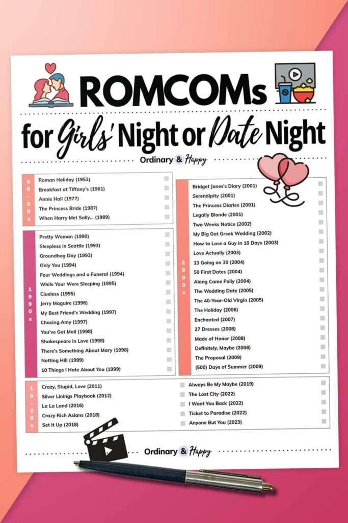 printable list of 50 romcoms split into different decades on a colored background with a pen