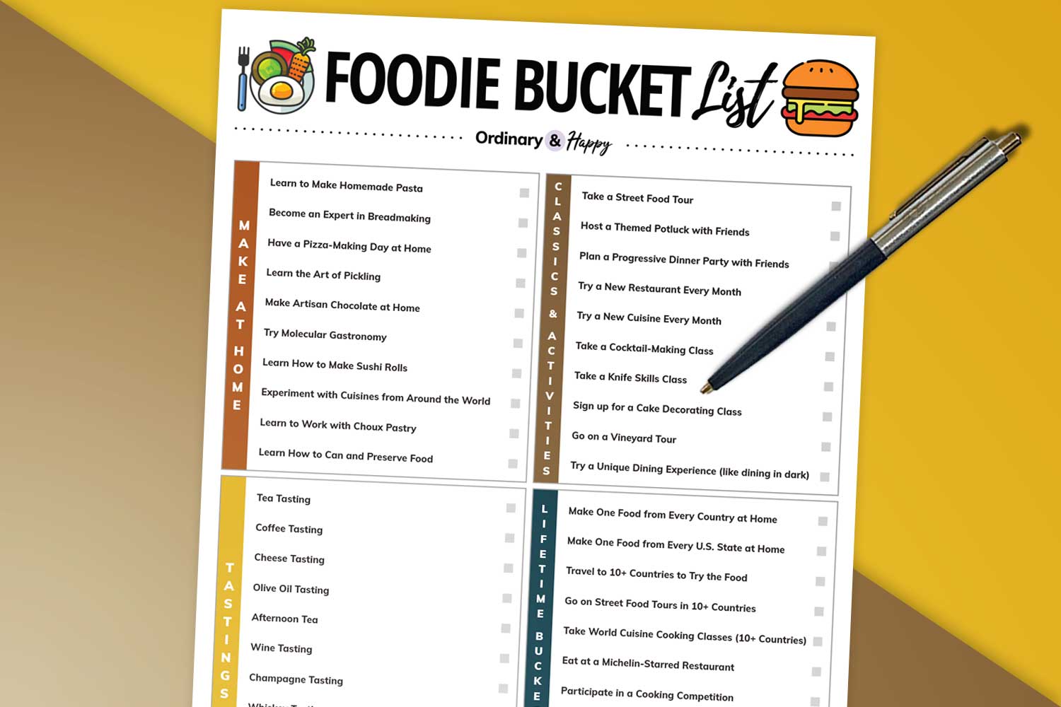 half of a foodie bucket list listing 40 things for foodies to do with a pen on a two color background