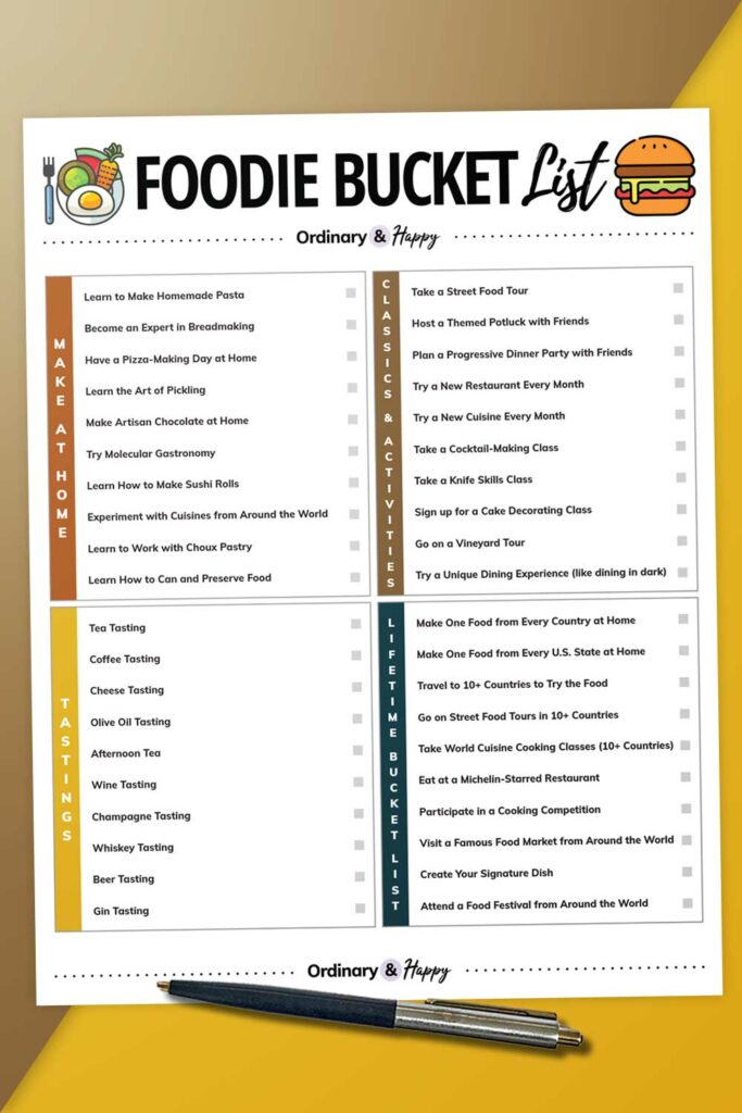 a printable list of 40 things to do for foodies split into 4 categories with a pen on a colored background